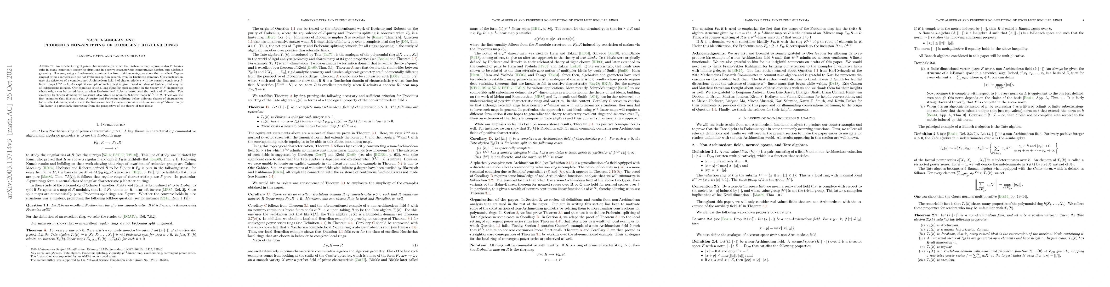 Thumbnail for Tate algebras and Frobenius non-splitting of excellent regular rings