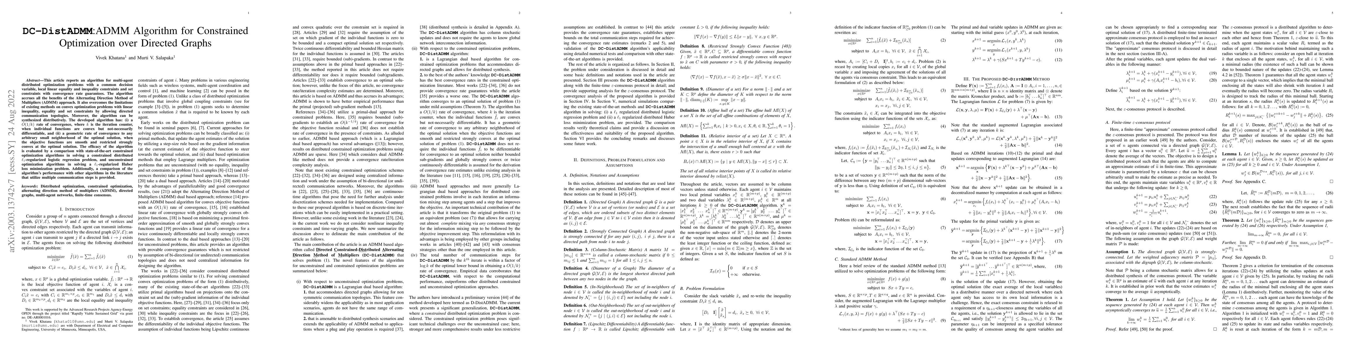 Thumbnail for DC-DistADMM: ADMM Algorithm for Constrained Distributed Optimization
  over Directed Graphs