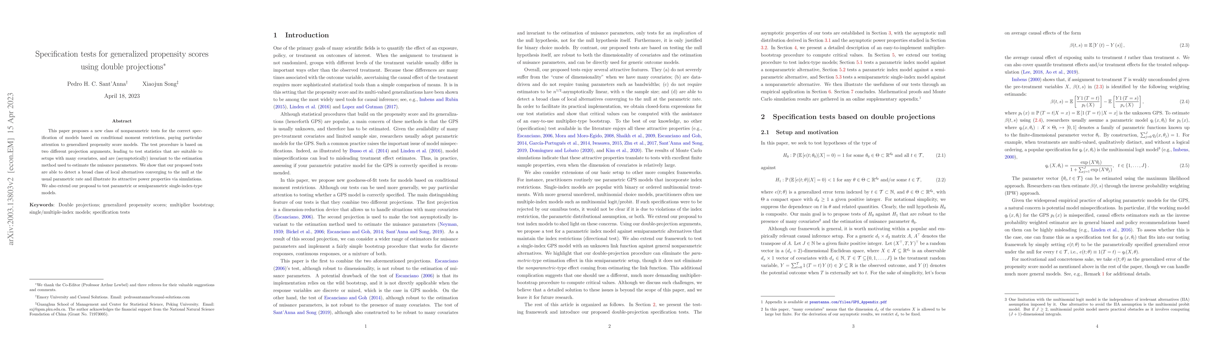 Thumbnail for Specification tests for generalized propensity scores using double
  projections