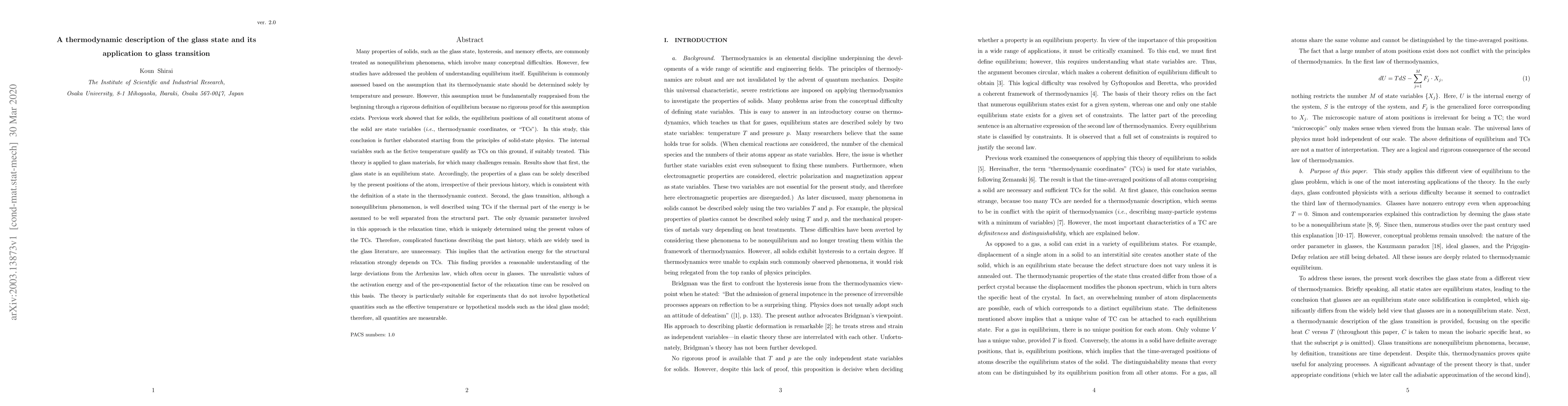 Thumbnail for A thermodynamic description of the glass state and its application to
  glass transition