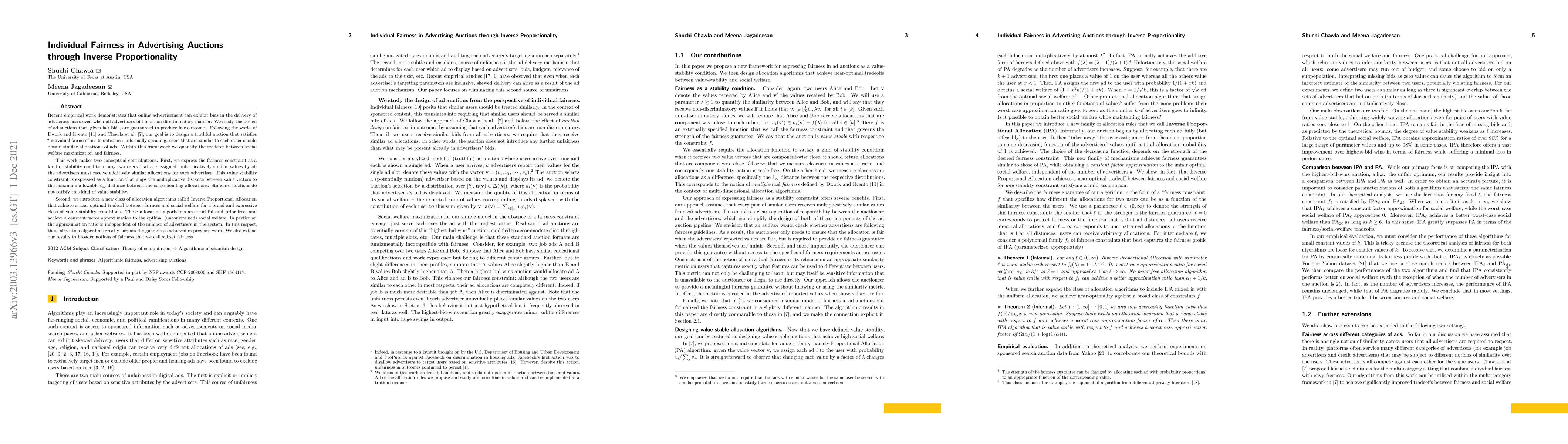 Thumbnail for Individual Fairness in Advertising Auctions through Inverse
  Proportionality