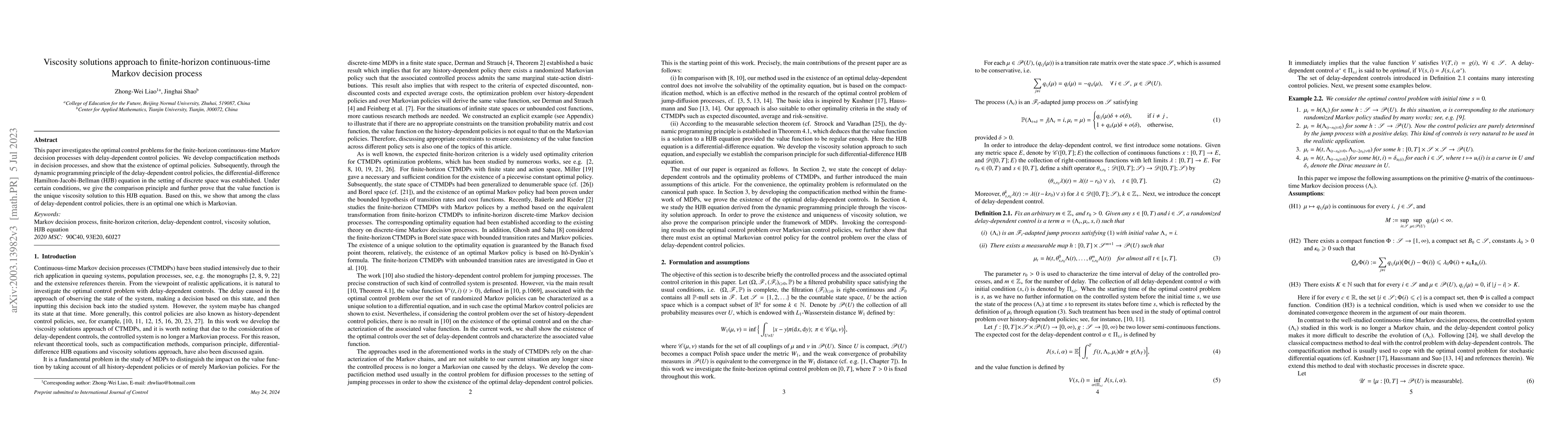 Thumbnail for Viscosity solutions approach to finite-horizon continuous-time Markov
  decision process