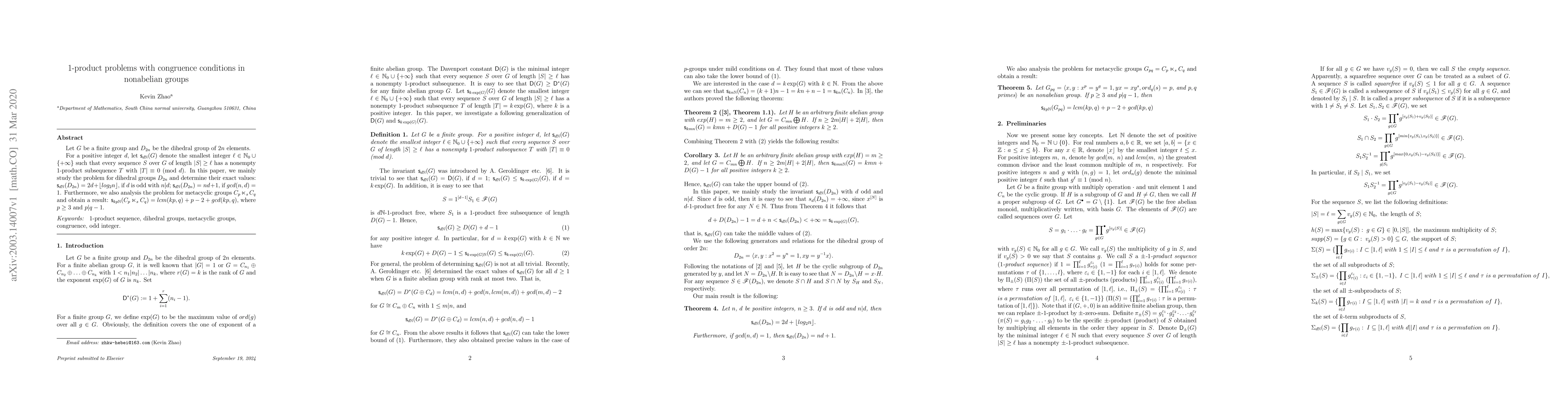 Thumbnail for $1$-product problems with congruence conditions in nonabelian groups