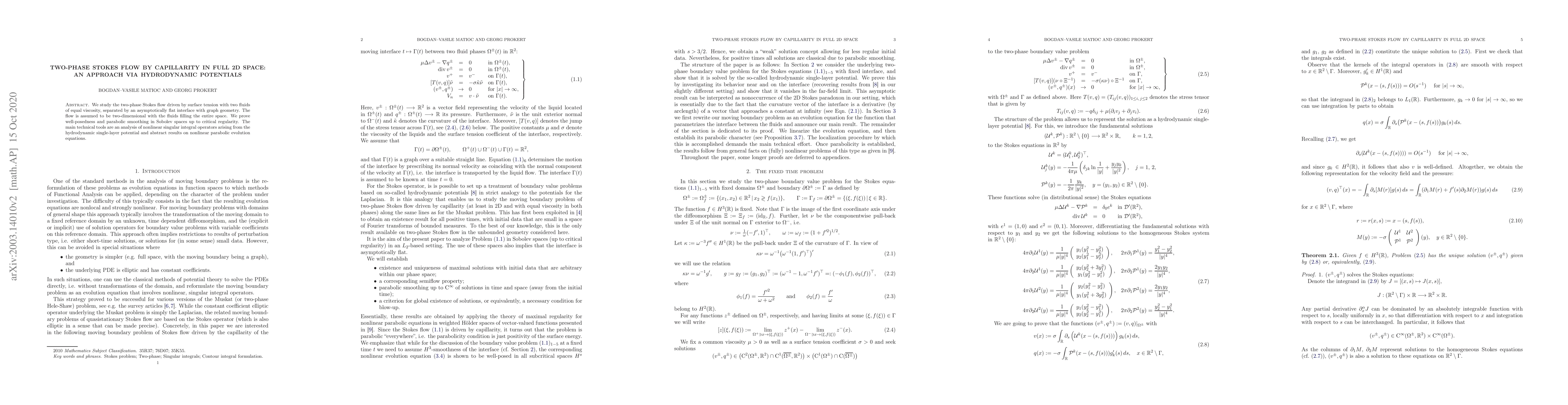 Thumbnail for Two-phase Stokes flow by capillarity in full 2D space: an approach via
  hydrodynamic potentials