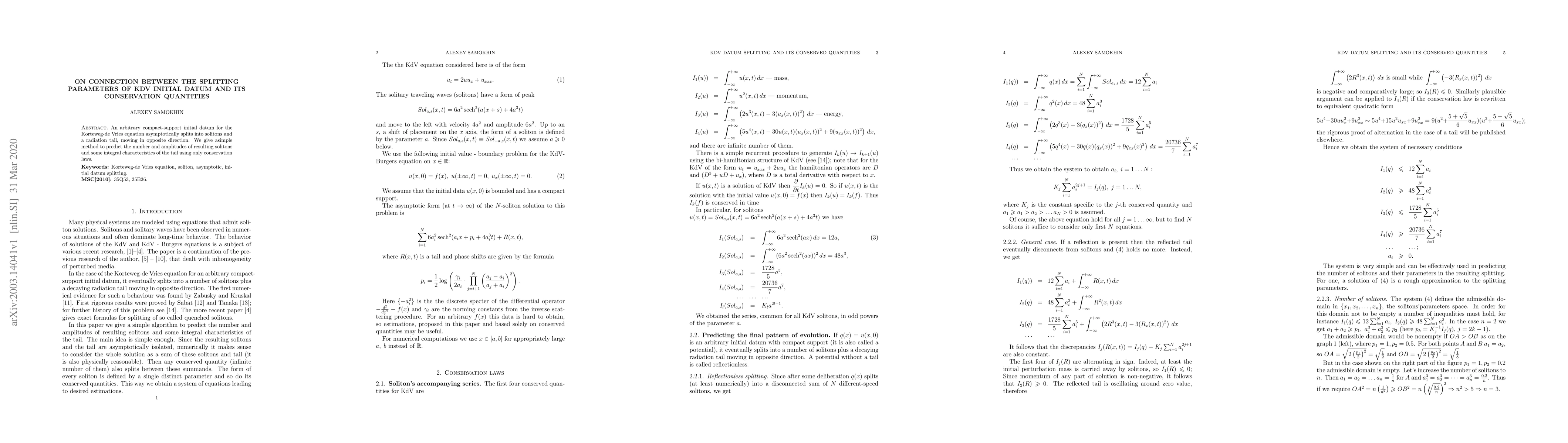 Thumbnail for On connection between the splitting parameters of KdV initial datum and
  its conservation quantities