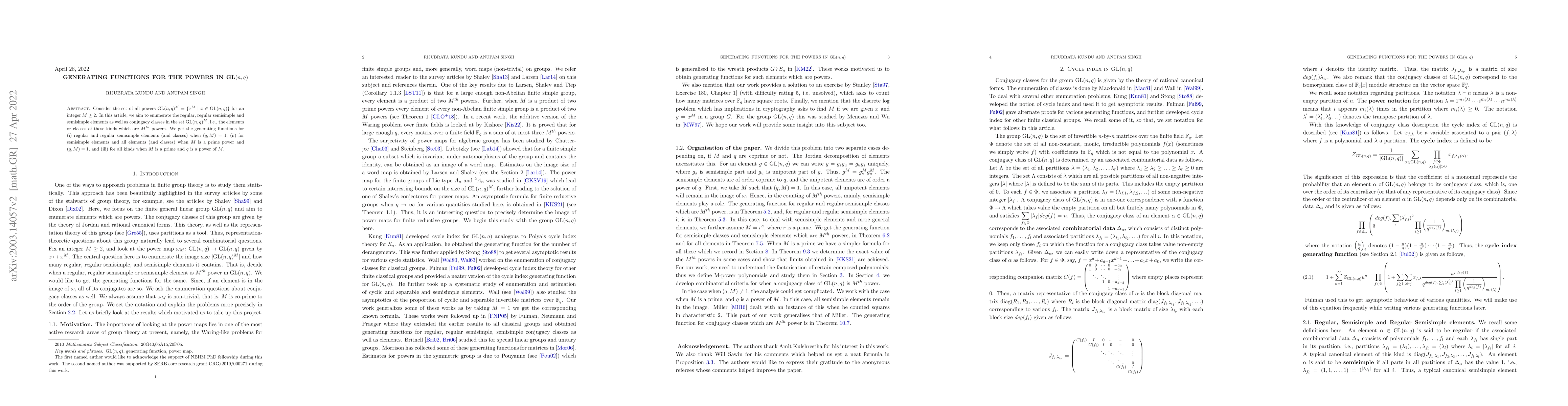 Thumbnail for Generating functions for the powers in $\text{GL}(n,q)$