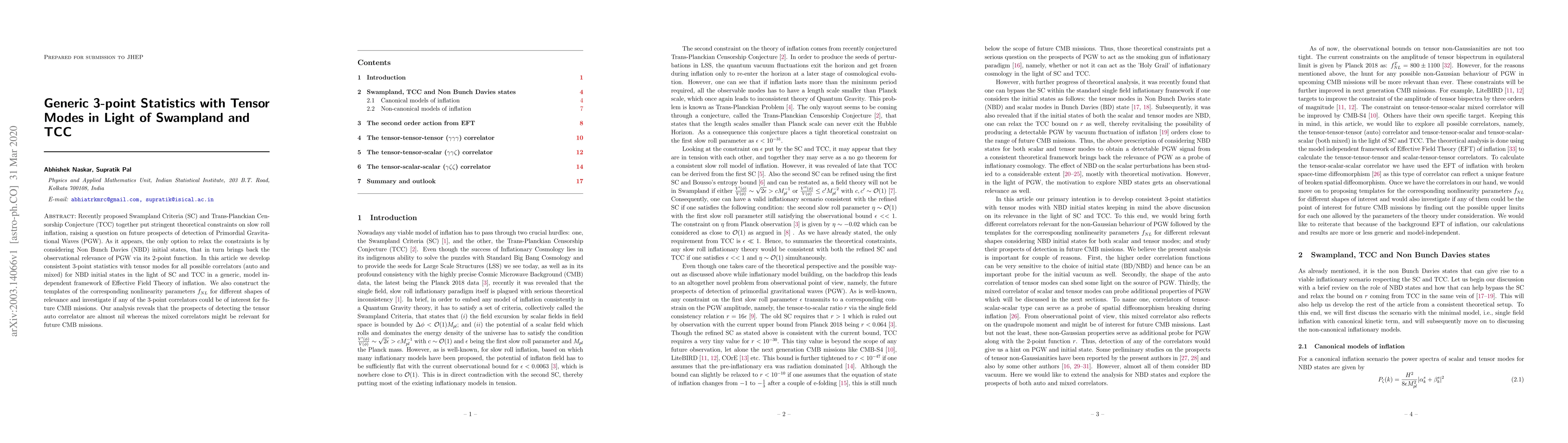 Thumbnail for Generic 3-point Statistics with Tensor Modes in Light of Swampland and
  TCC