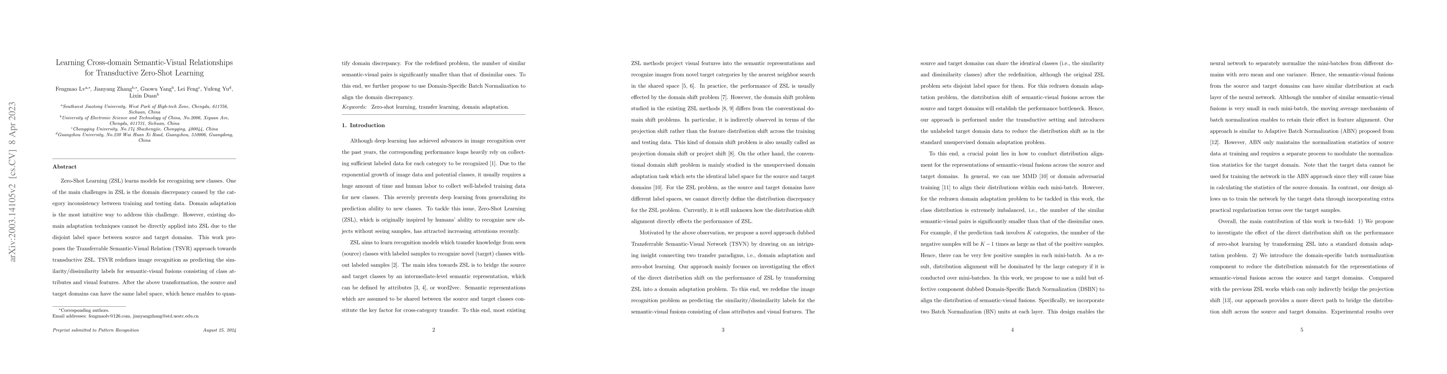 Thumbnail for Learning Cross-domain Semantic-Visual Relationships for Transductive
  Zero-Shot Learning