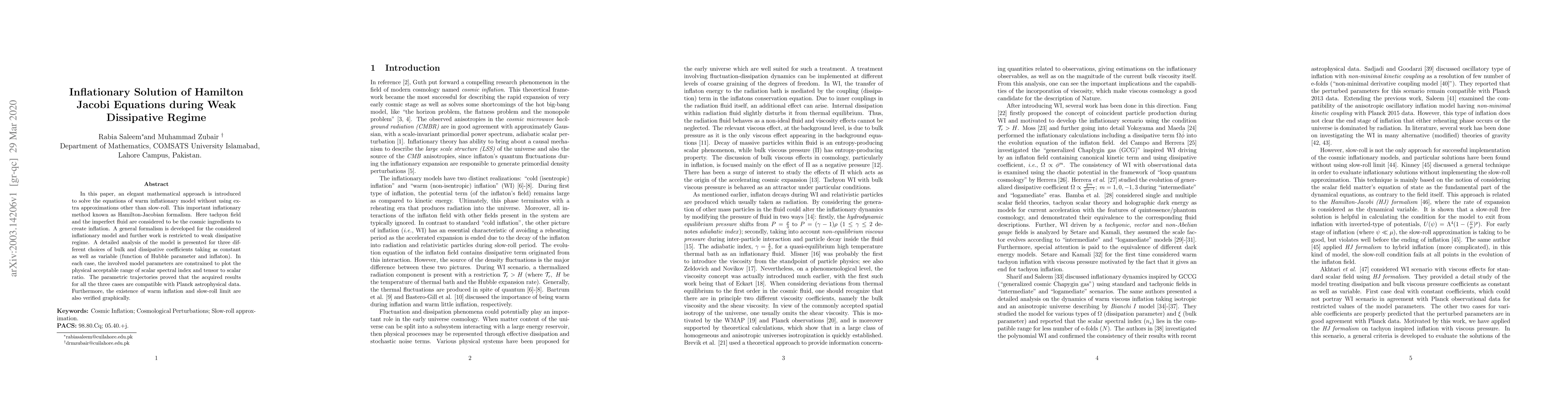 Thumbnail for Inflationary Solution of Hamilton Jacobi Equations during Weak
  Dissipative Regime