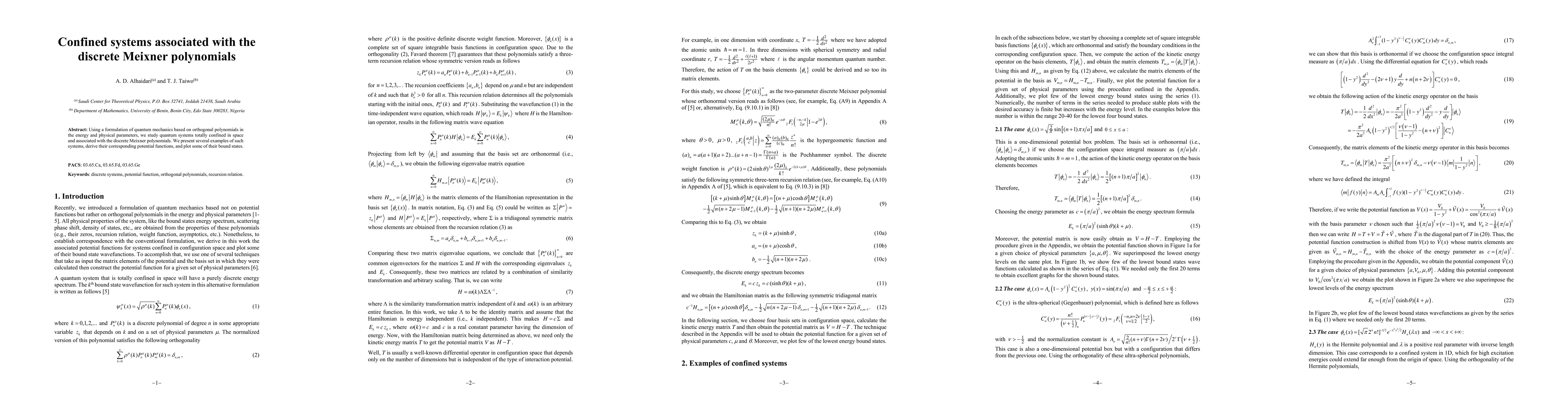 Thumbnail for Confined systems associated with the discrete Meixner polynomials