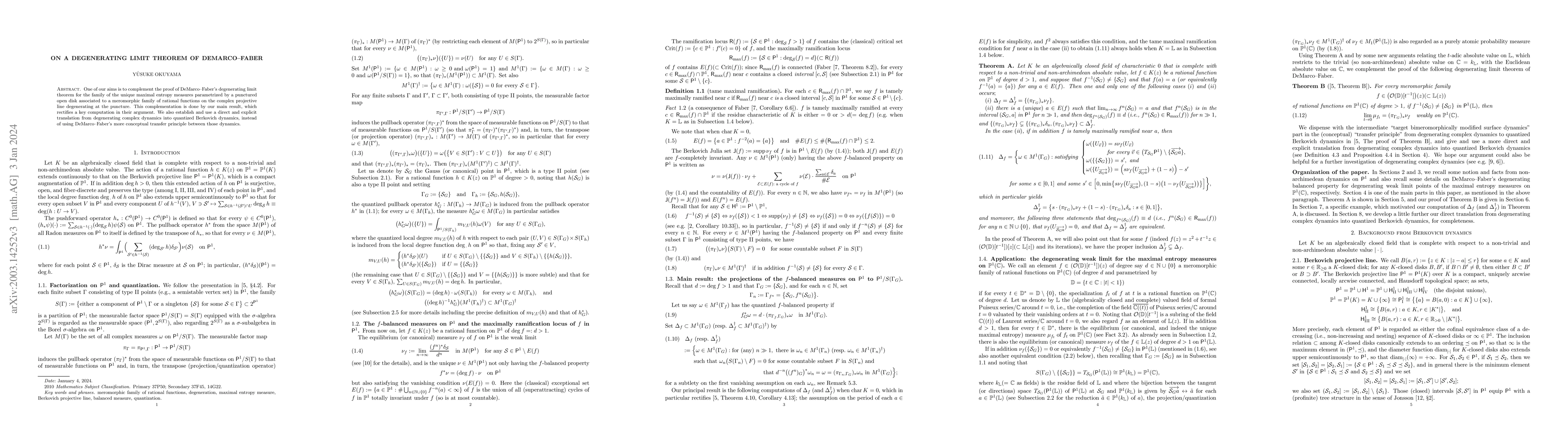 Thumbnail for On a degenerating limit theorem of DeMarco--Faber