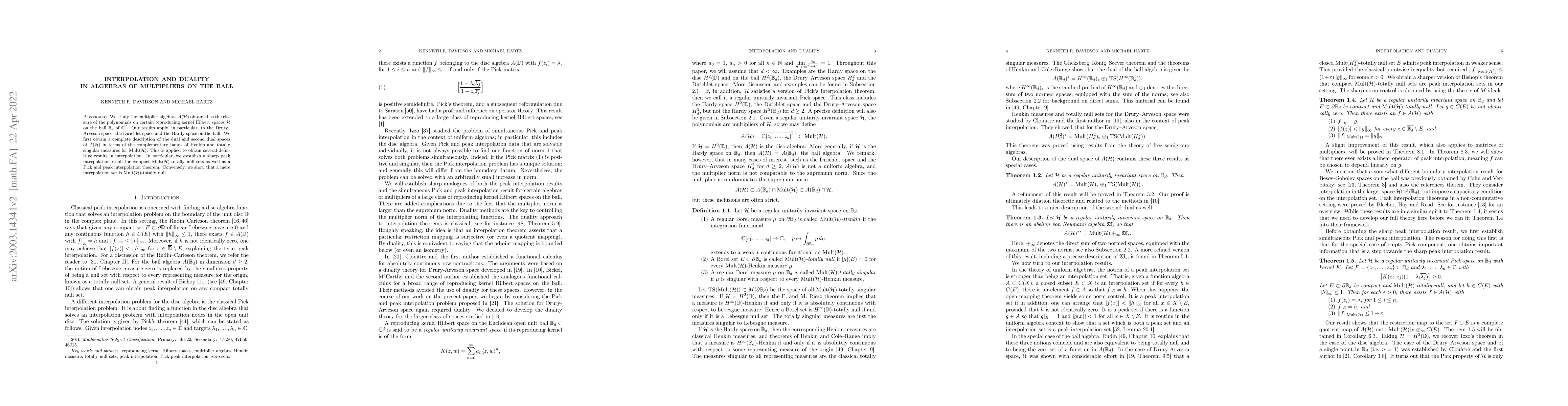 Thumbnail for Interpolation and duality in algebras of multipliers on the ball