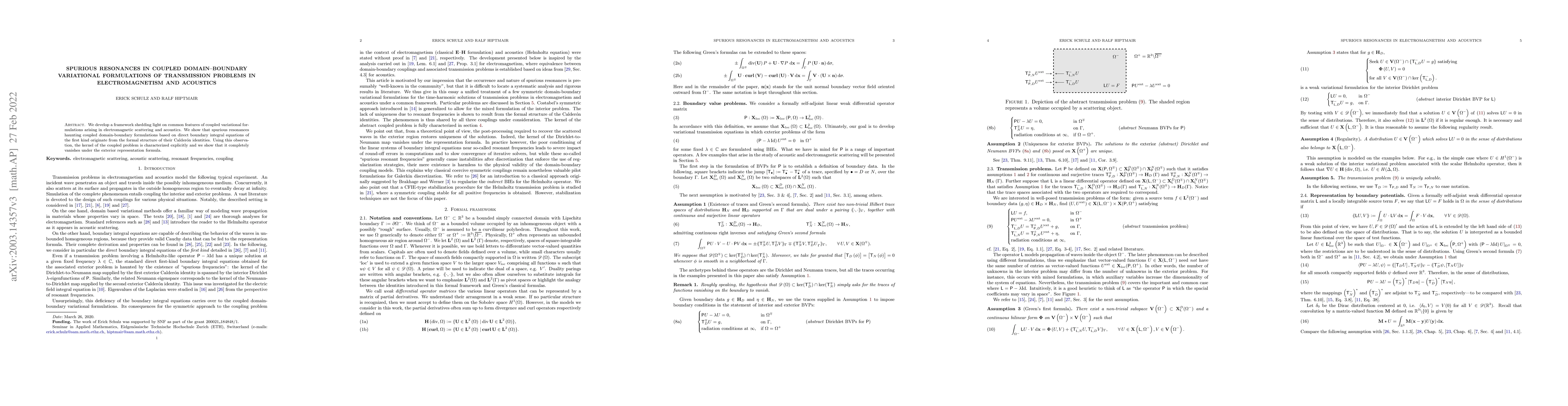 Thumbnail for Spurious Resonances in Coupled Domain-Boundary Variational Formulations
  of Transmission Problems in Electromagnetism and Acoustics