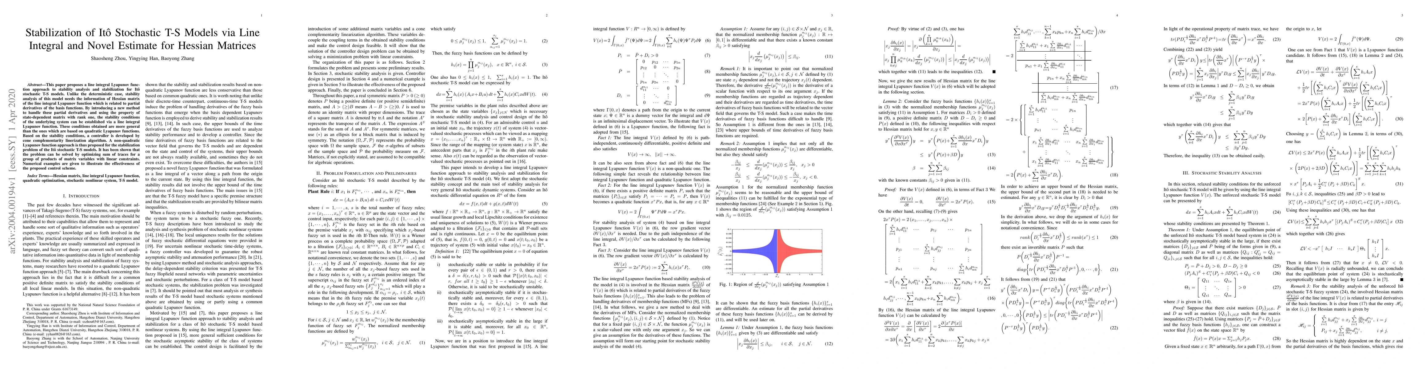 Thumbnail for Stabilization of It\^o Stochastic T-S Models via Line Integral and Novel
  Estimate for Hessian Matrices