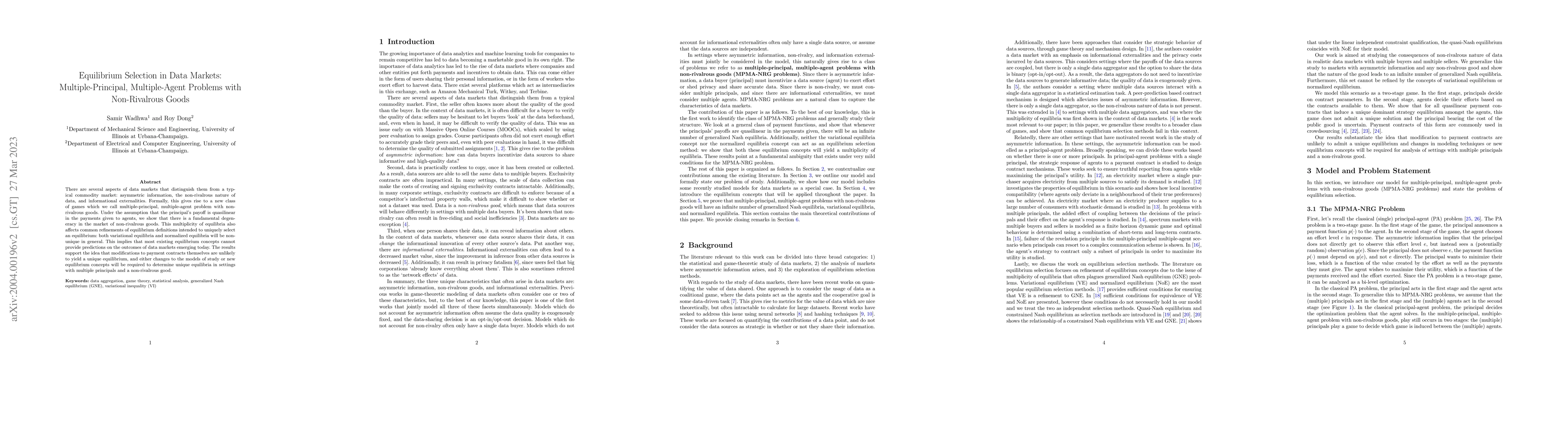 Thumbnail for Equilibrium Selection in Data Markets: Multiple-Principal,
  Multiple-Agent Problems with Non-Rivalrous Goods