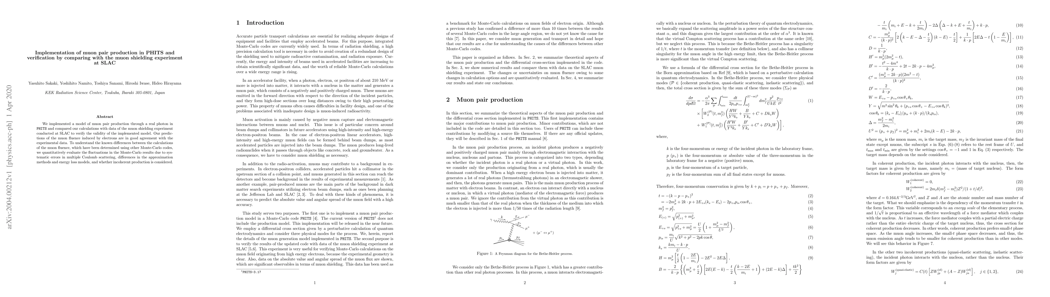 Thumbnail for Implementation of muon pair production in PHITS and verification by
  comparing with the muon shielding experiment at SLAC
