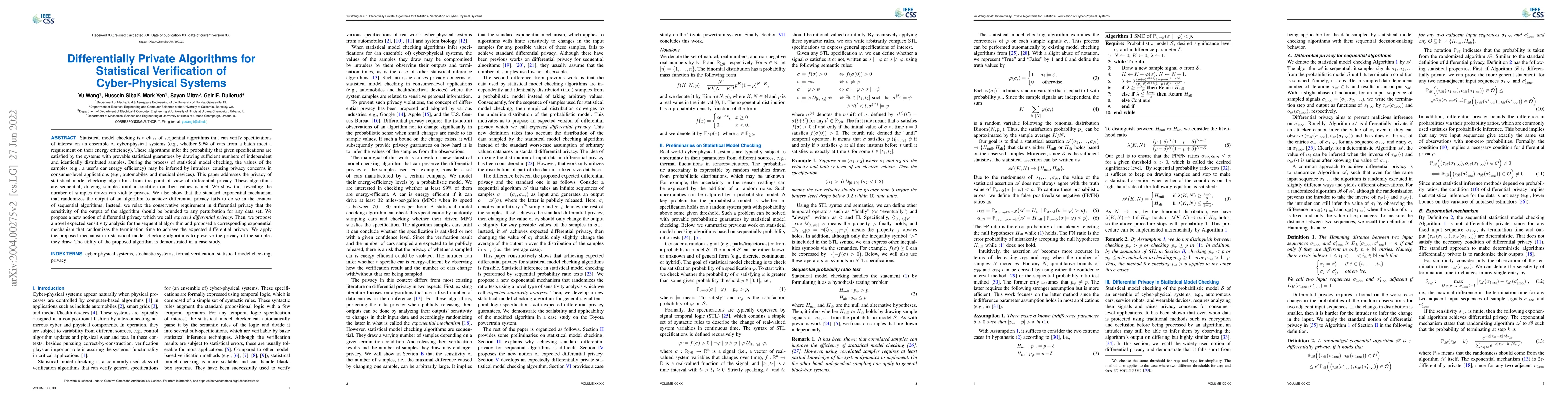 Thumbnail for Differentially Private Algorithms for Statistical Verification of
  Cyber-Physical Systems