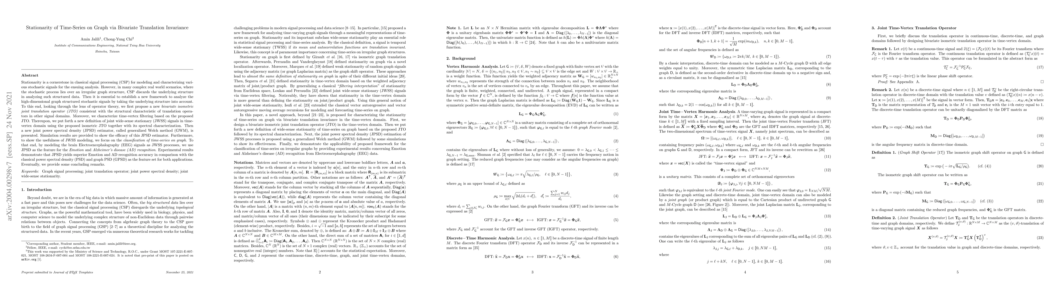 Thumbnail for Stationarity of Time-Series on Graph via Bivariate Translation
  Invariance