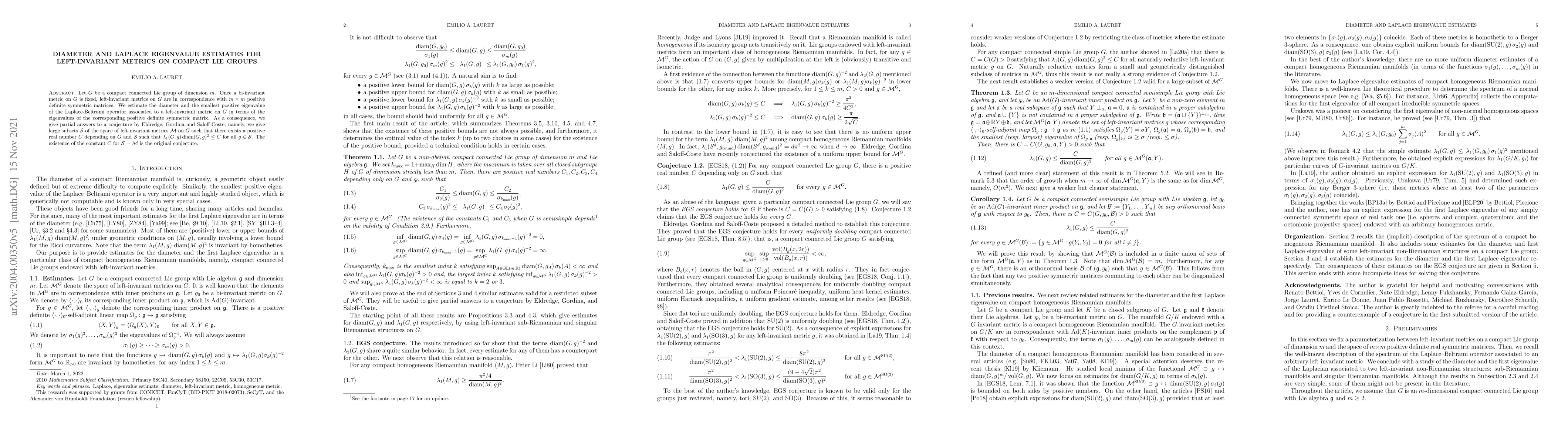 Thumbnail for Diameter and Laplace eigenvalue estimates for left-invariant metrics on
  compact Lie groups