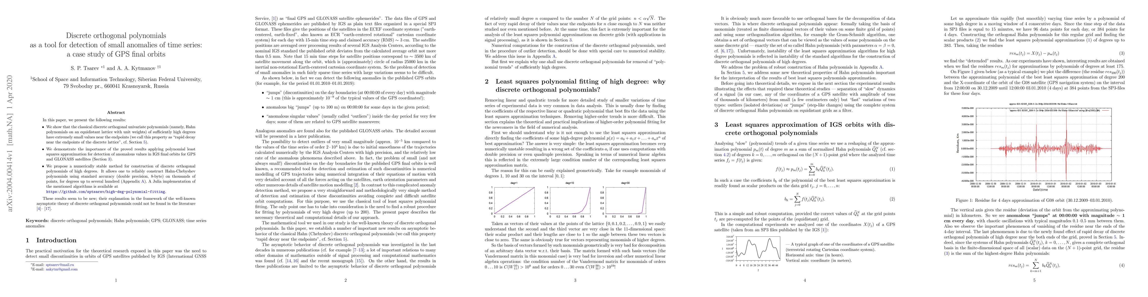 Thumbnail for Discrete orthogonal polynomials as a tool for detection of small
  anomalies of time series: a case study of GPS final orbits