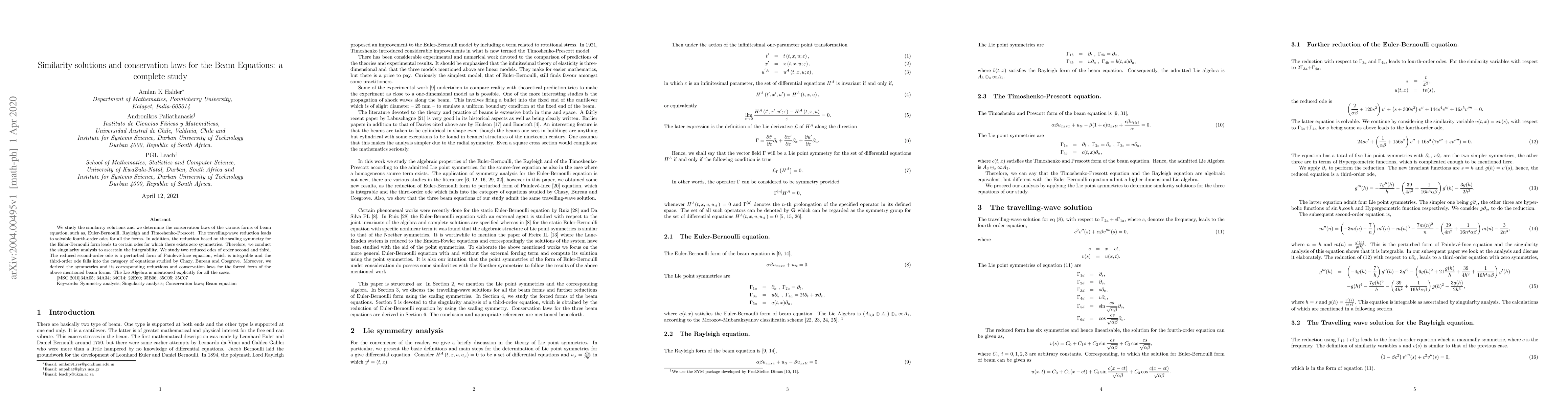 Thumbnail for Similarity solutions and conservation laws for the Beam Equations: a
  complete study