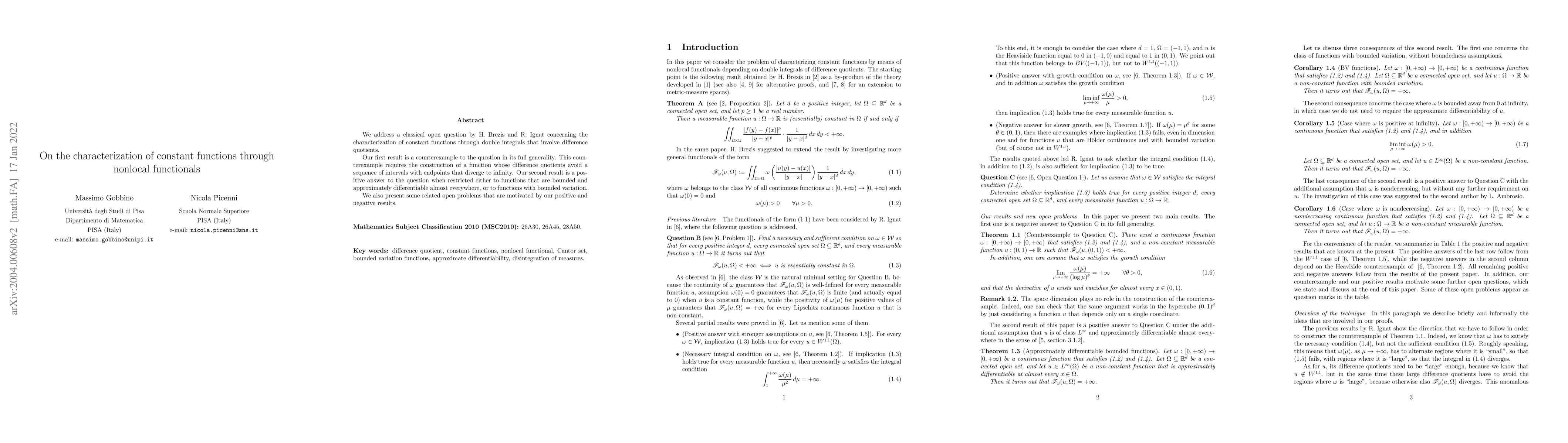 Thumbnail for On the characterization of constant functions through nonlocal
  functionals