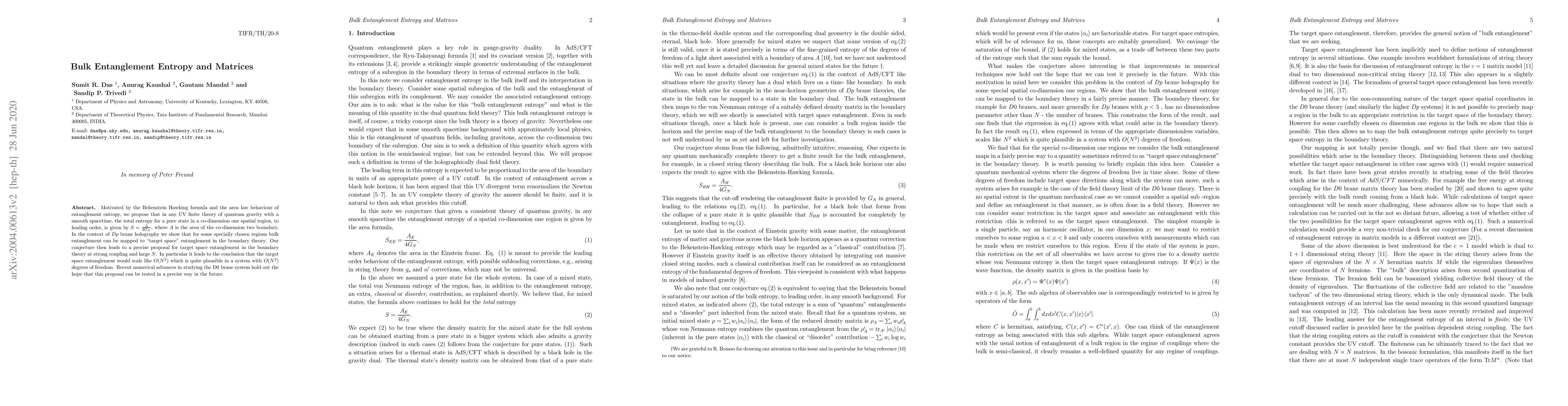 Thumbnail for Bulk Entanglement Entropy and Matrices