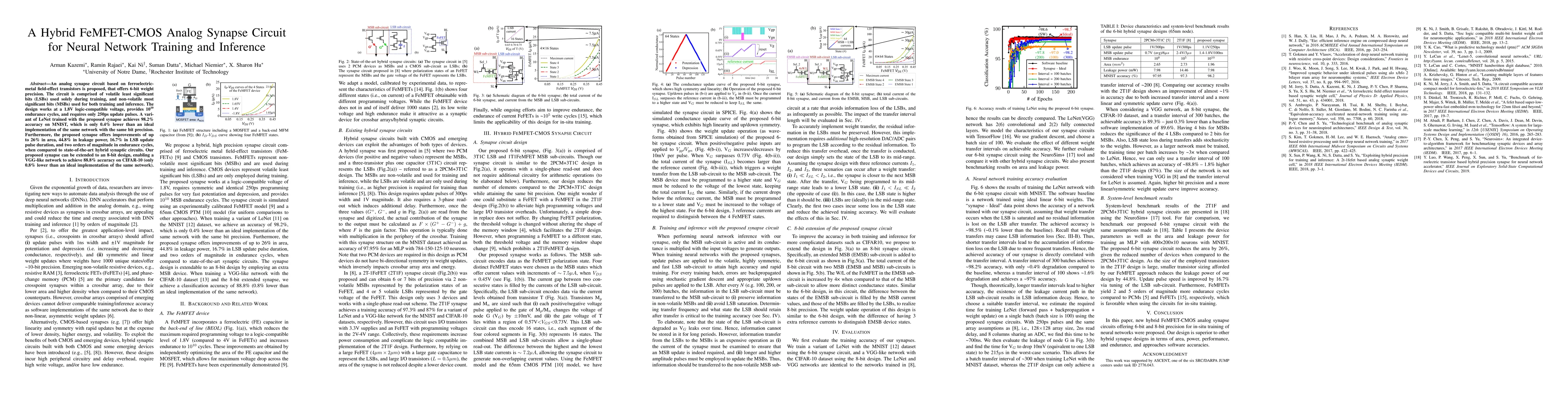 Thumbnail for A Hybrid FeMFET-CMOS Analog Synapse Circuit for Neural Network Training
  and Inference