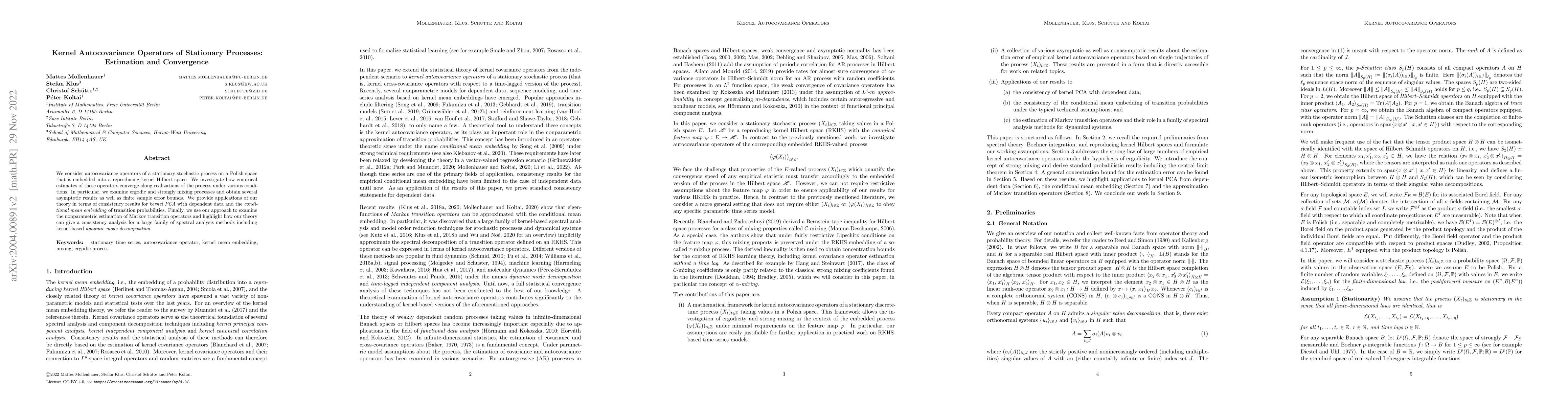 Thumbnail for Kernel Autocovariance Operators of Stationary Processes: Estimation and
  Convergence