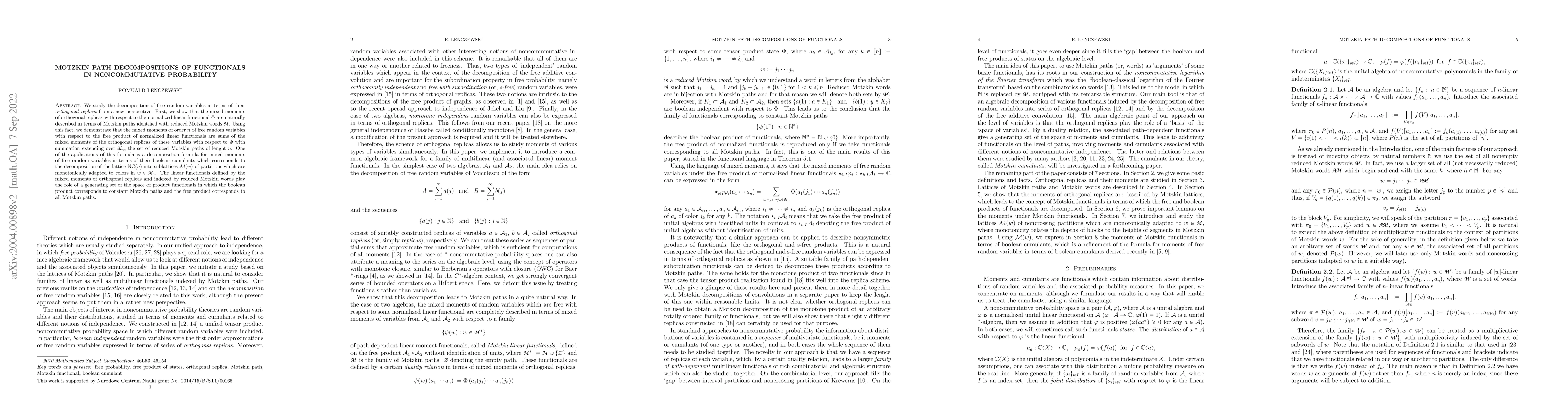 Thumbnail for Motzkin path decompositions of functionals in noncommutative probability
