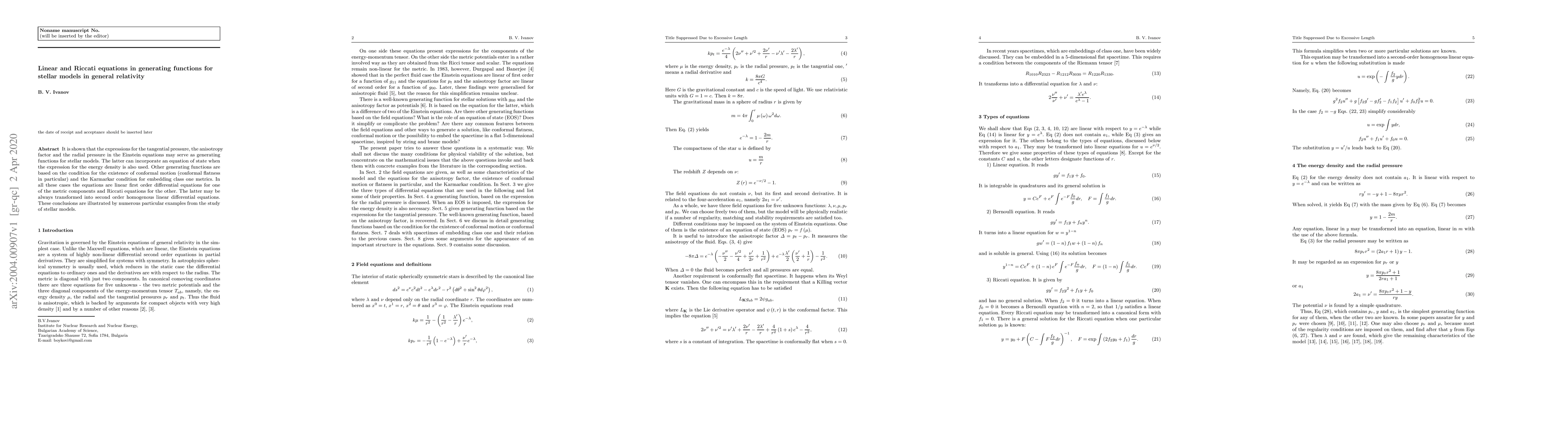 Thumbnail for Linear and Riccati equations in generating functions for stellar models
  in general relativity