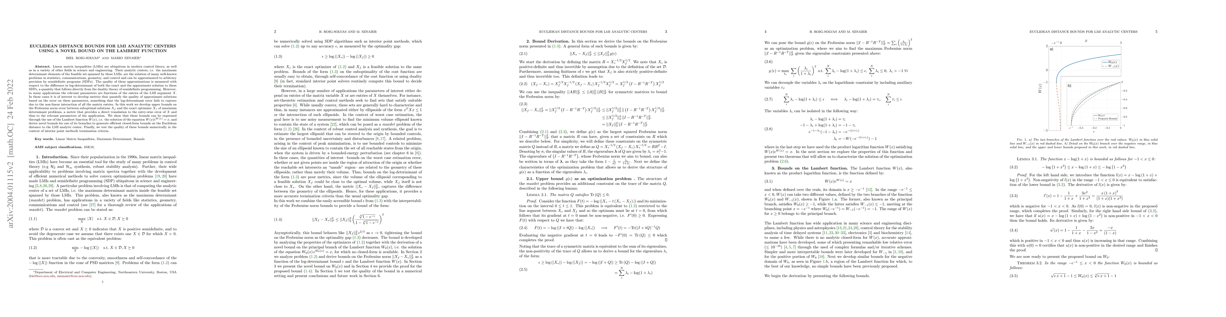 Thumbnail for Euclidean Distance Bounds for LMI Analytic Centers using a Novel Bound
  on the Lambert Function