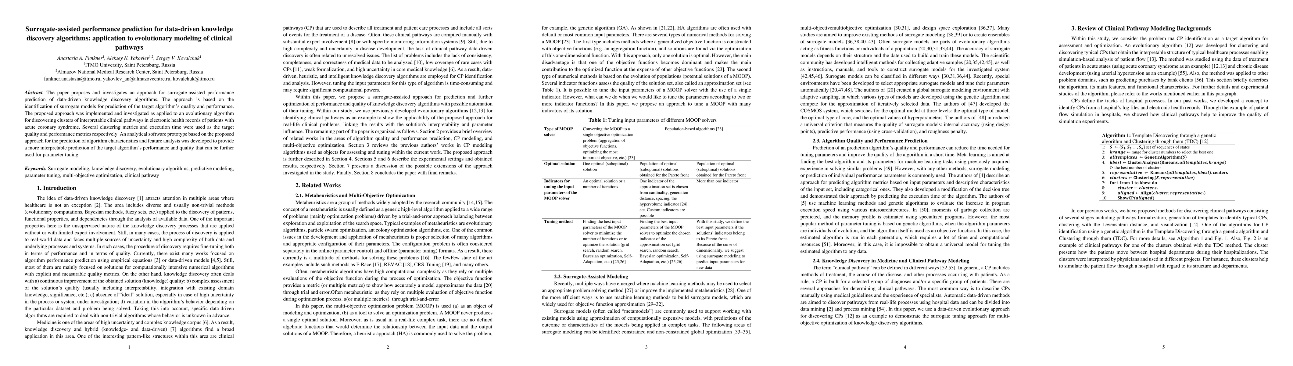 Thumbnail for Surrogate-assisted performance prediction for data-driven knowledge
  discovery algorithms: application to evolutionary modeling of clinical
  pathways