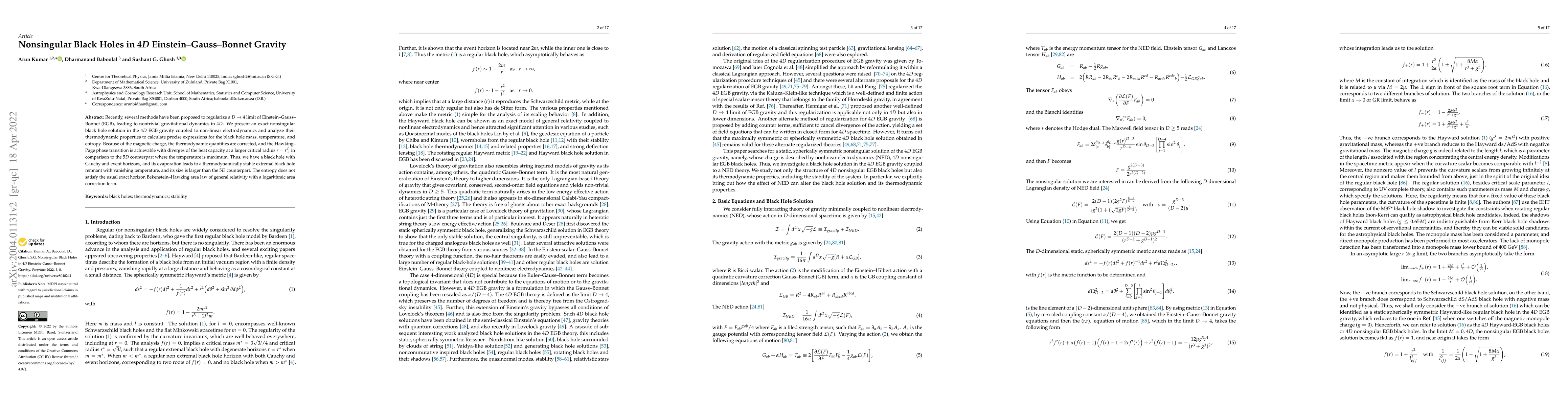Thumbnail for Nonsingular Black Holes in $4D$ Einstein--Gauss--Bonnet Gravity