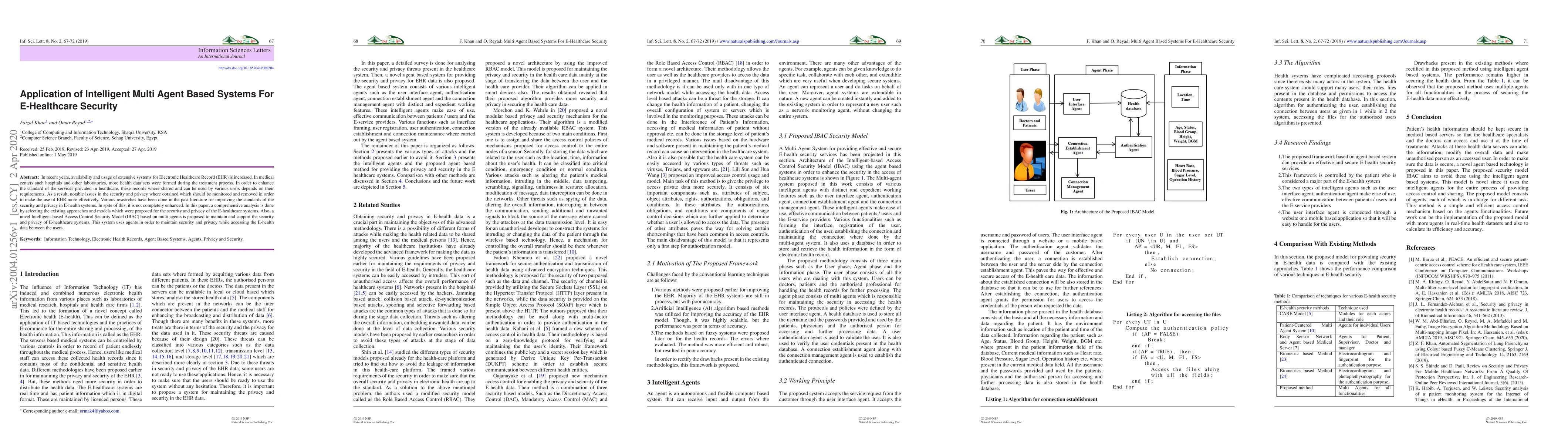 Thumbnail for Application of Intelligent Multi Agent Based Systems For E-Healthcare
  Security