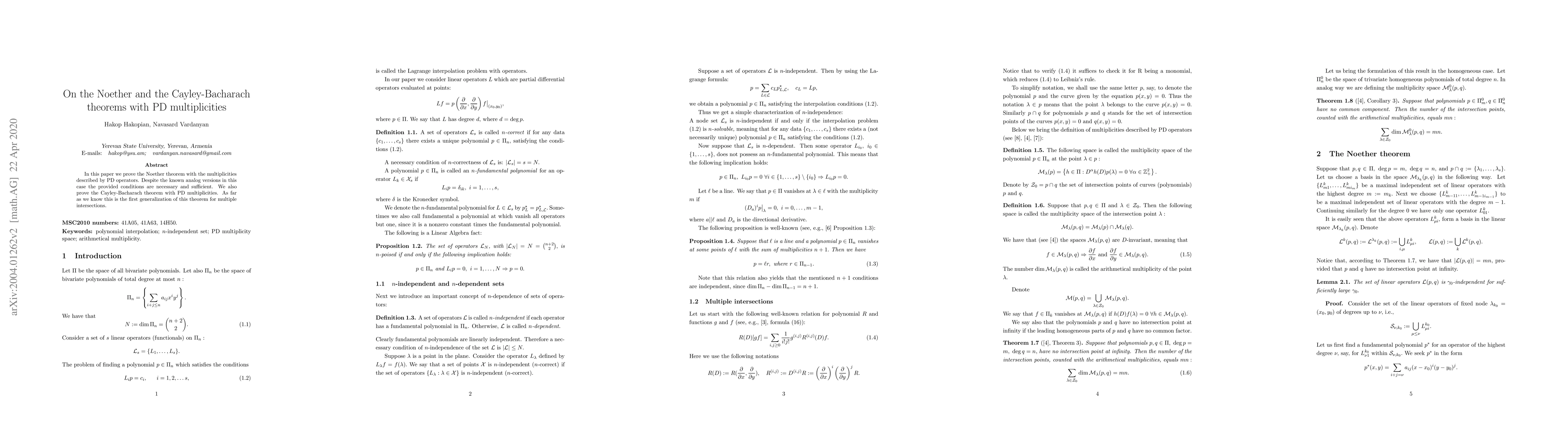 Thumbnail for On the Noether and the Cayley-Bacharach theorems with PD multiplicities