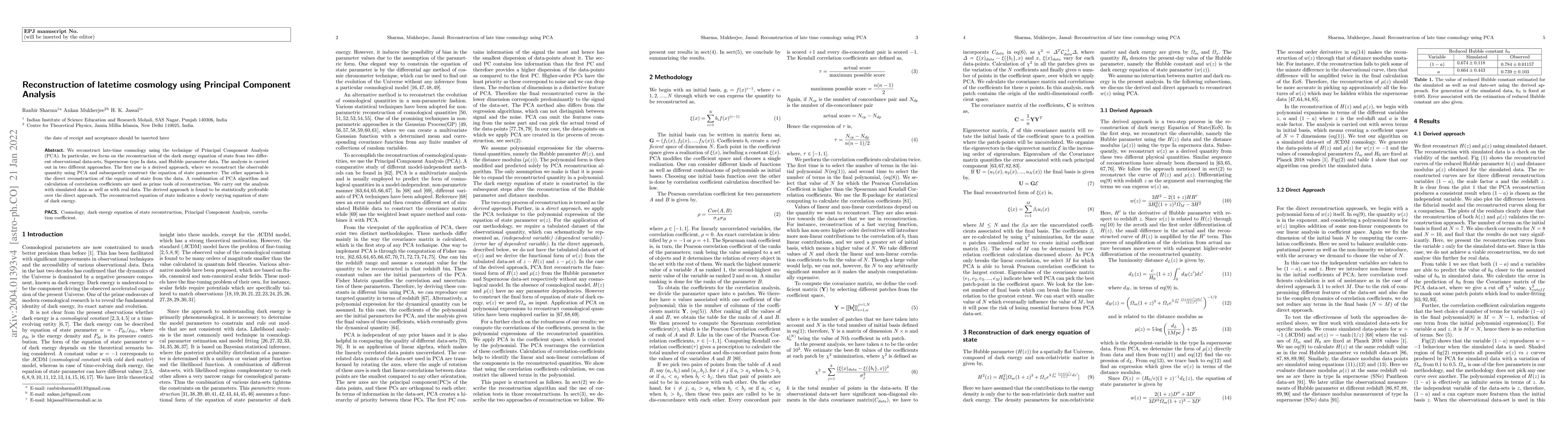 Thumbnail for Reconstruction of late-time cosmology using Principal Component Analysis