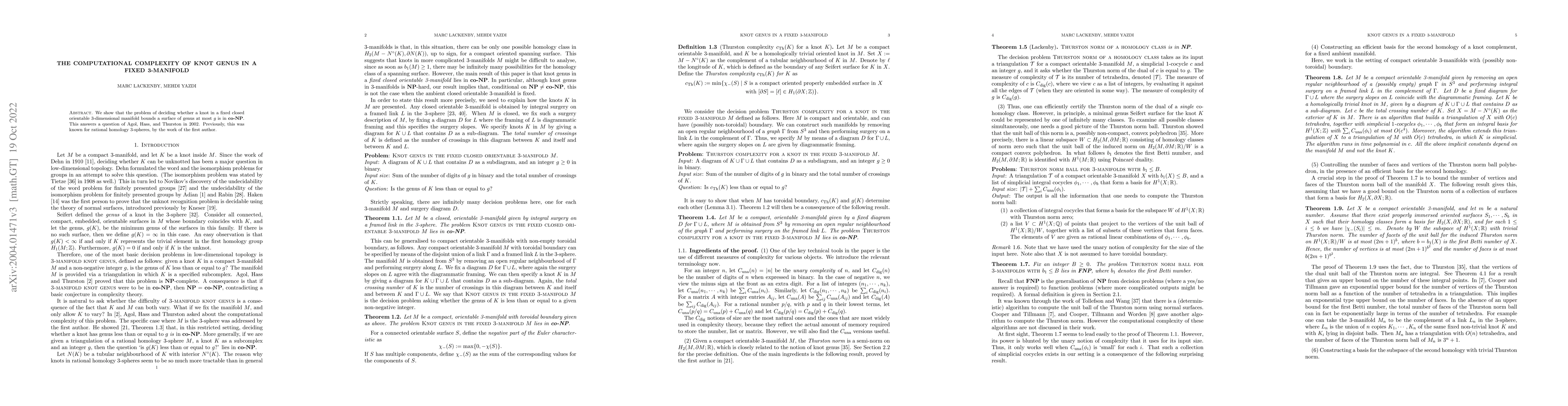 Thumbnail for The computational complexity of knot genus in a fixed 3-manifold