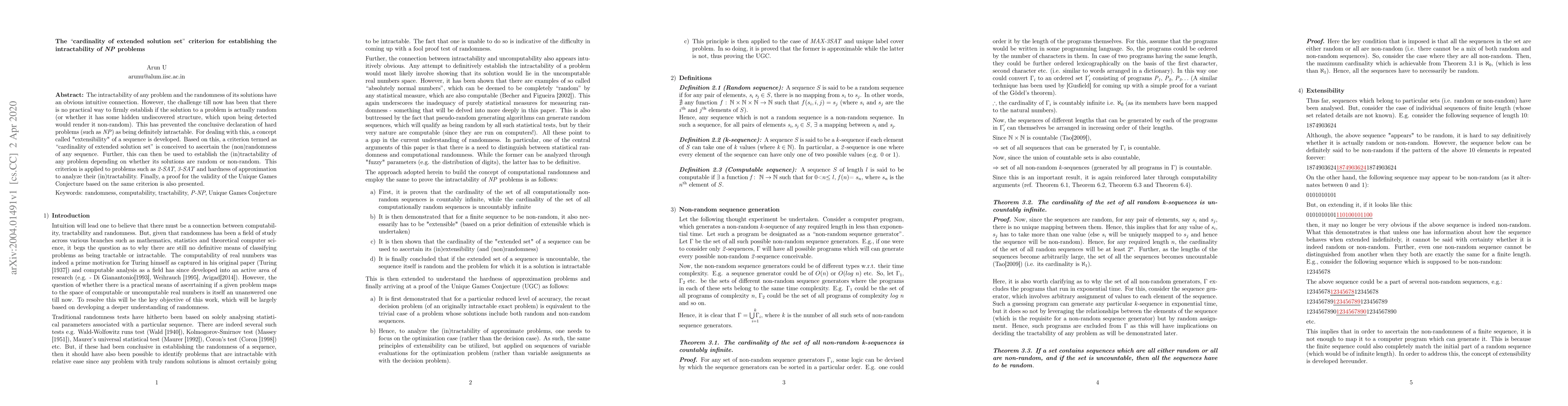 Thumbnail for The "cardinality of extended solution set" criterion for establishing
  the intractability of NP problems