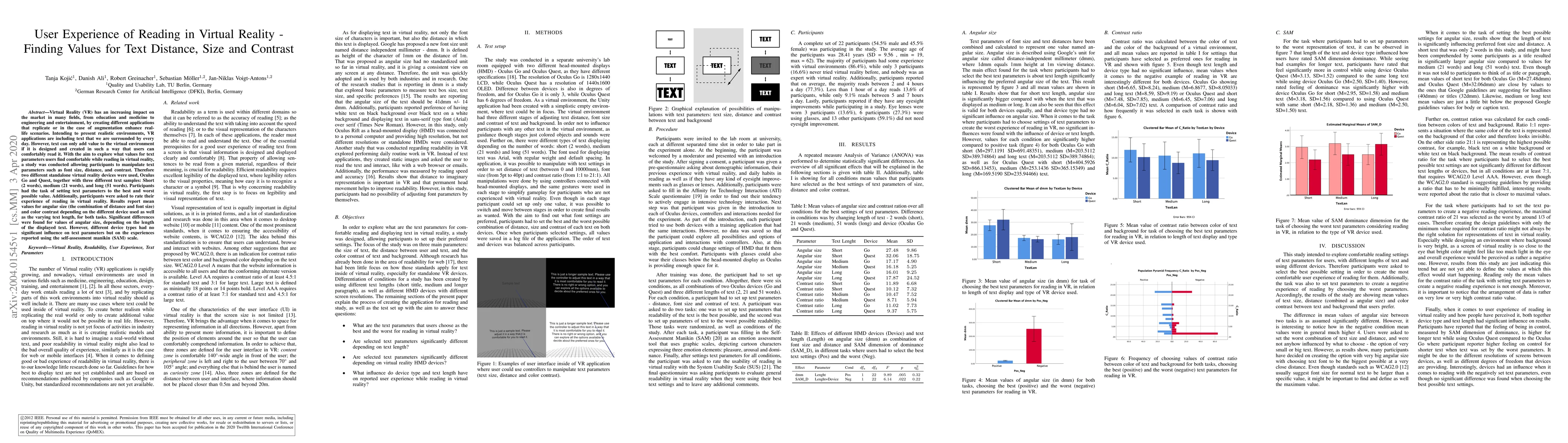 Thumbnail for User Experience of Reading in Virtual Reality -- Finding Values for Text
  Distance, Size and Contrast