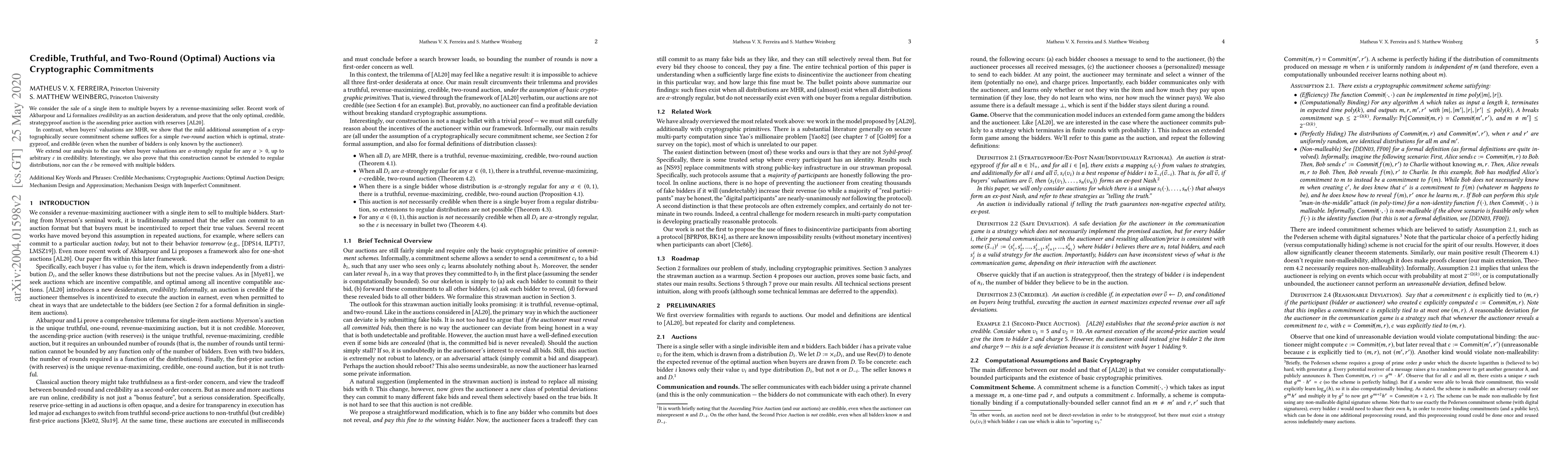 Thumbnail for Credible, Truthful, and Two-Round (Optimal) Auctions via Cryptographic
  Commitments