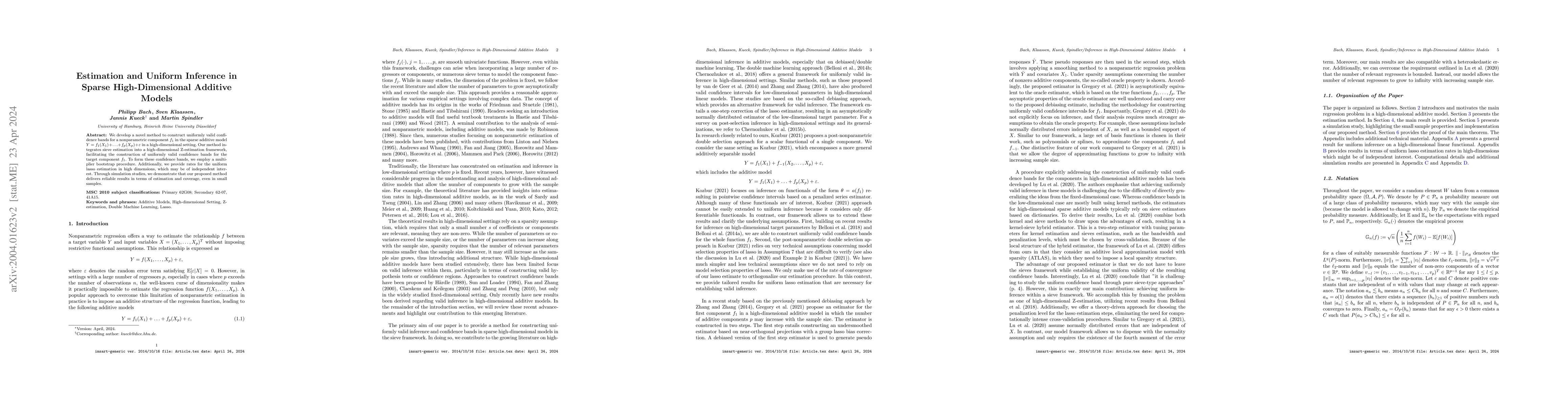 Thumbnail for Estimation and Uniform Inference in Sparse High-Dimensional Additive
  Models