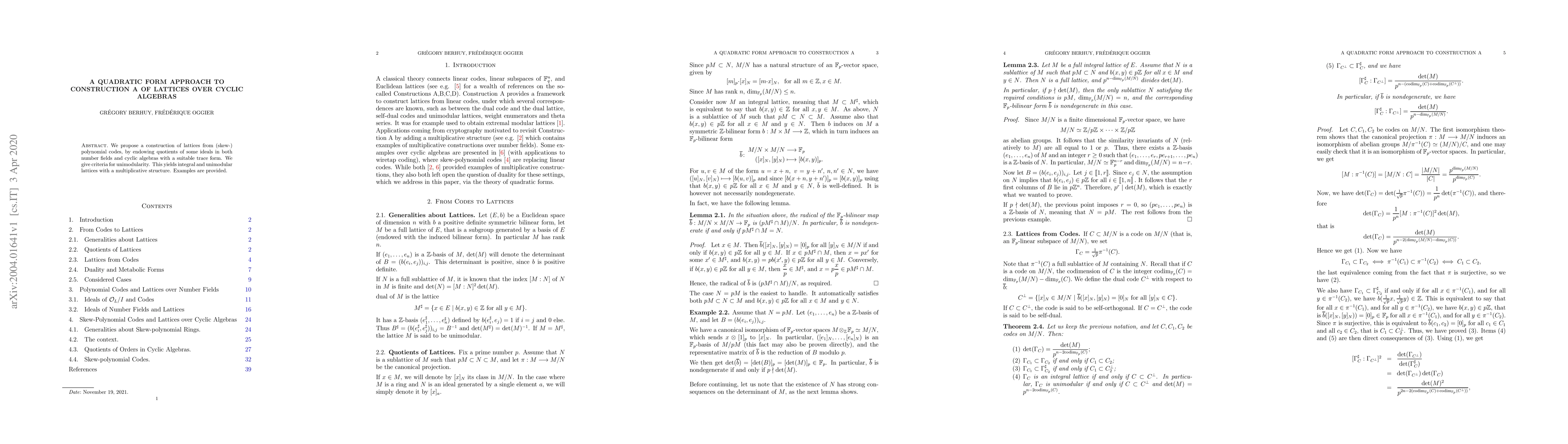 Thumbnail for A Quadratic Form Approach to Construction A of Lattices over Cyclic
  Algebras