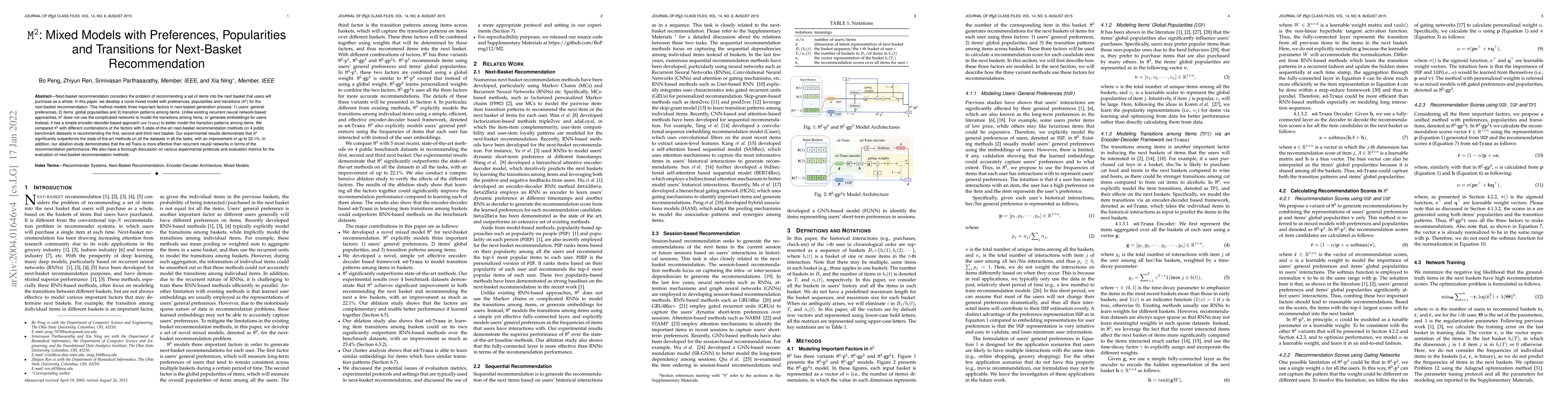 Thumbnail for M2: Mixed Models with Preferences, Popularities and Transitions for
  Next-Basket Recommendation