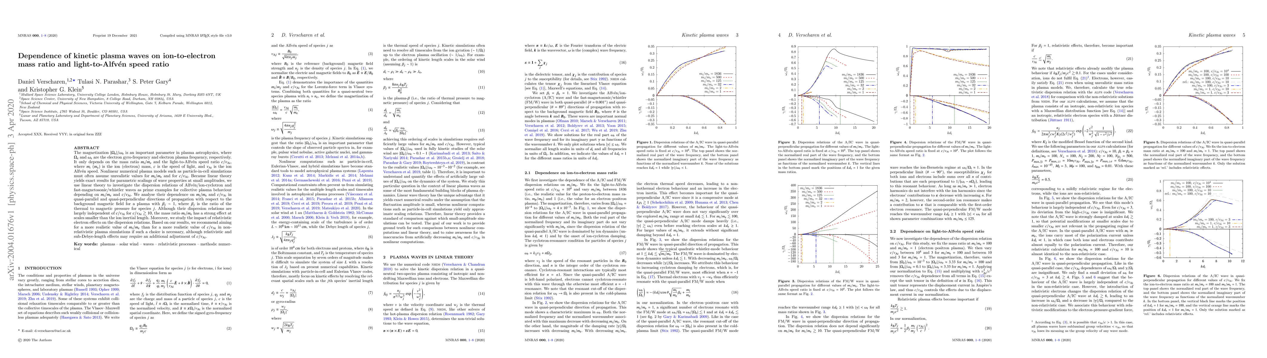 Thumbnail for Dependence of kinetic plasma waves on ion-to-electron mass ratio and
  light-to-Alfv\'en speed ratio