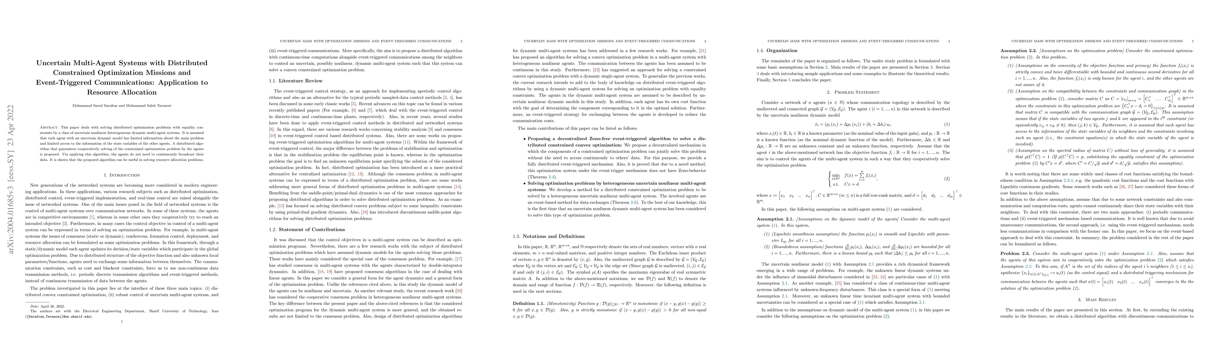 Thumbnail for Uncertain Multi-Agent Systems with Distributed Constrained Optimization
  Missions and Event-Triggered Communications: Application to Resource
  Allocation