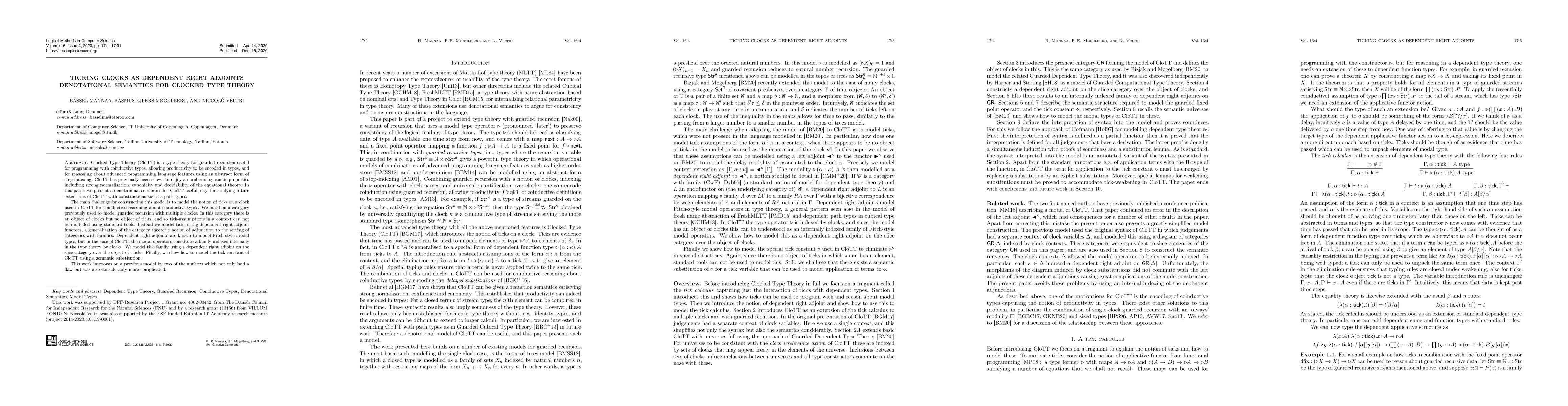Thumbnail for Ticking clocks as dependent right adjoints: Denotational semantics for
  clocked type theory