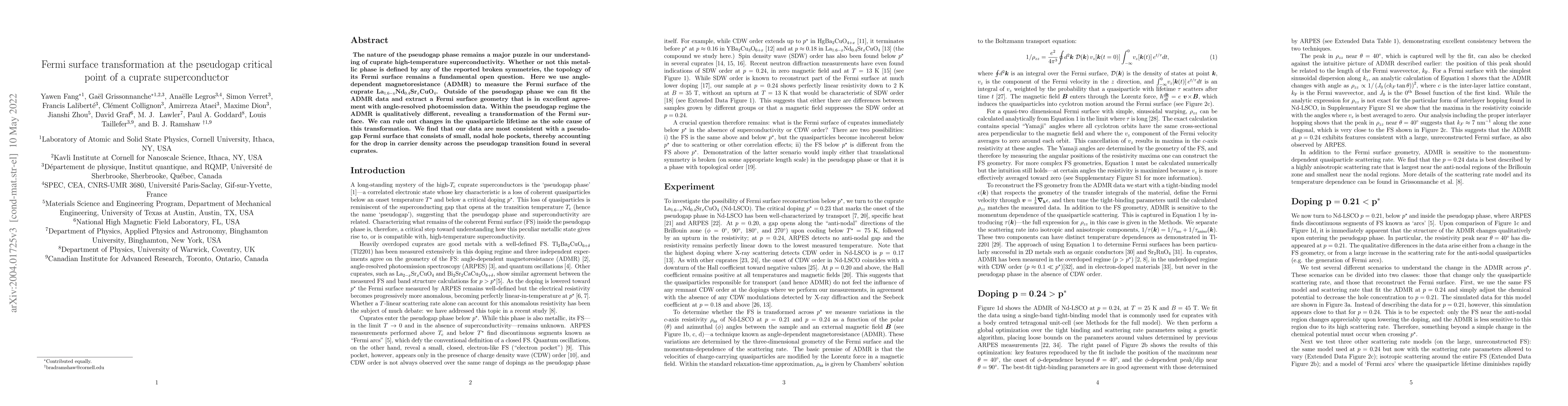Thumbnail for Fermi surface transformation at the pseudogap critical point of a
  cuprate superconductor