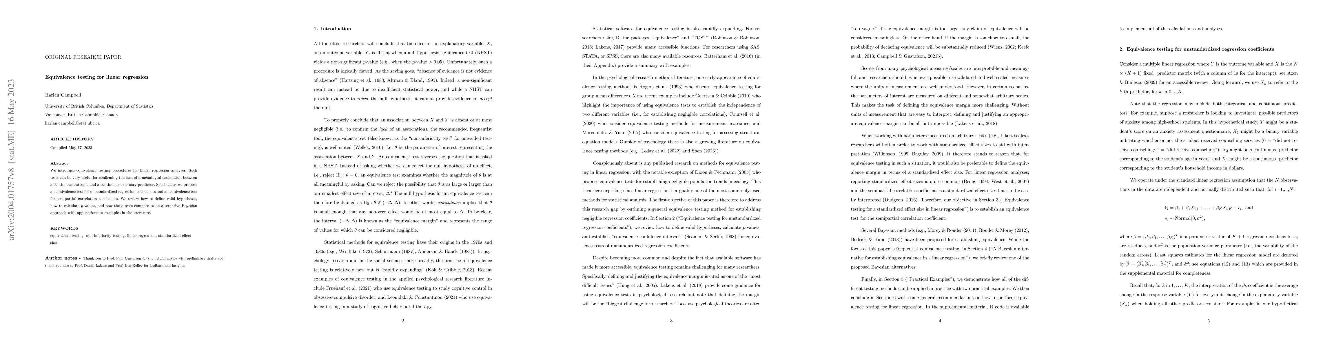 Thumbnail for Equivalence testing for linear regression