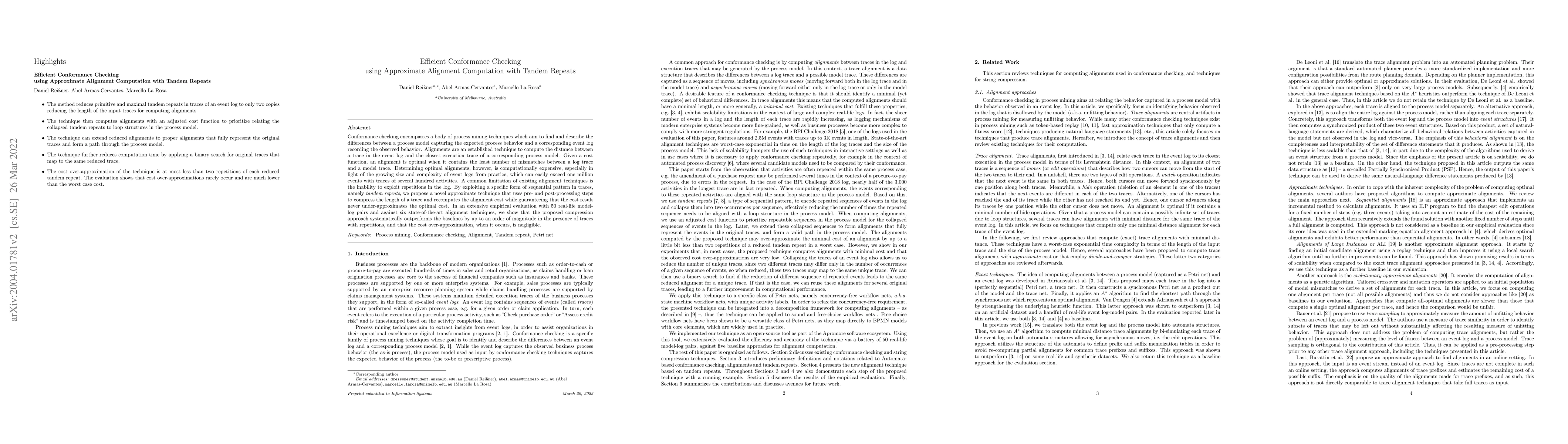 Thumbnail for Efficient Conformance Checking using Approximate Alignment Computation
  with Tandem Repeats